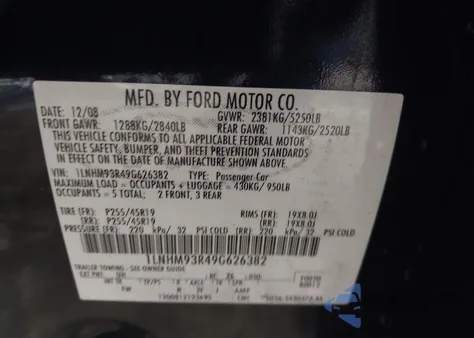 2009 Lincoln Mks from USA, damaged, VIN 1LNHM93R49G626382